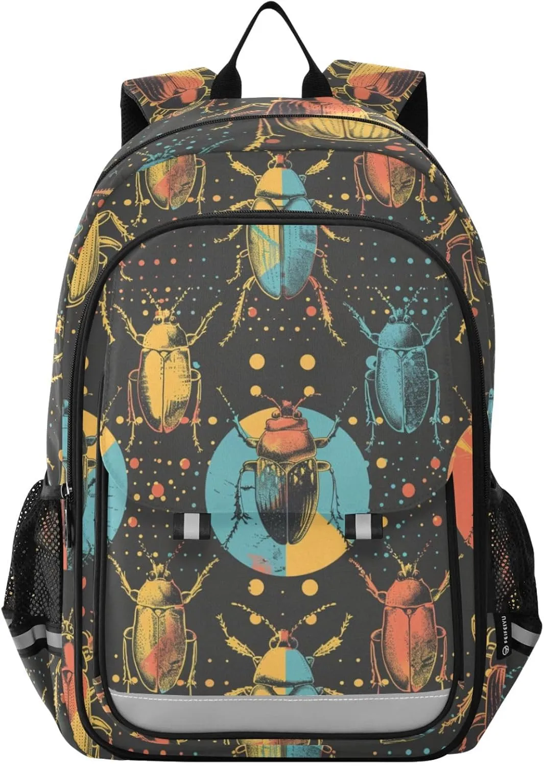 Vintage Beetle Doodle Pattern Backpack for Boys Girls Elementary School Bag Kids Bookbag Travel Rucksack With Reflective Stripes