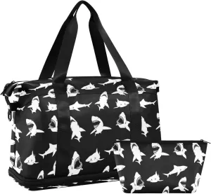Vintage White Sharks Seamless on Dark Background Gym Duffel Bag, Polyester Travel Weekender Luggage Handbag with Waterproof Pocket for Wet Items, Unisex Foldable Tote for Sports