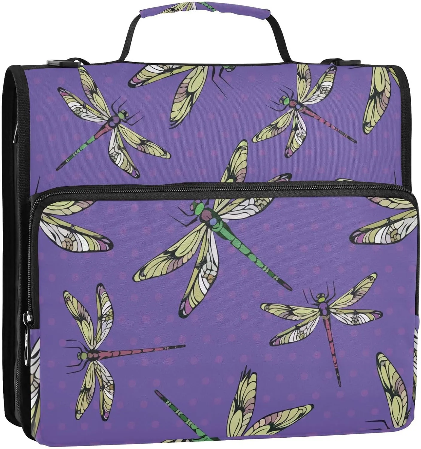 VKPSCHJ Zippered Binder Bag with Multi-Pocket,Waterproof 1.5 Inch 3 Ring Binder,Hand-Drawn Dragonflies Expanding File Folder with Shoulder Strap and Handle File Organizer for Office Travel