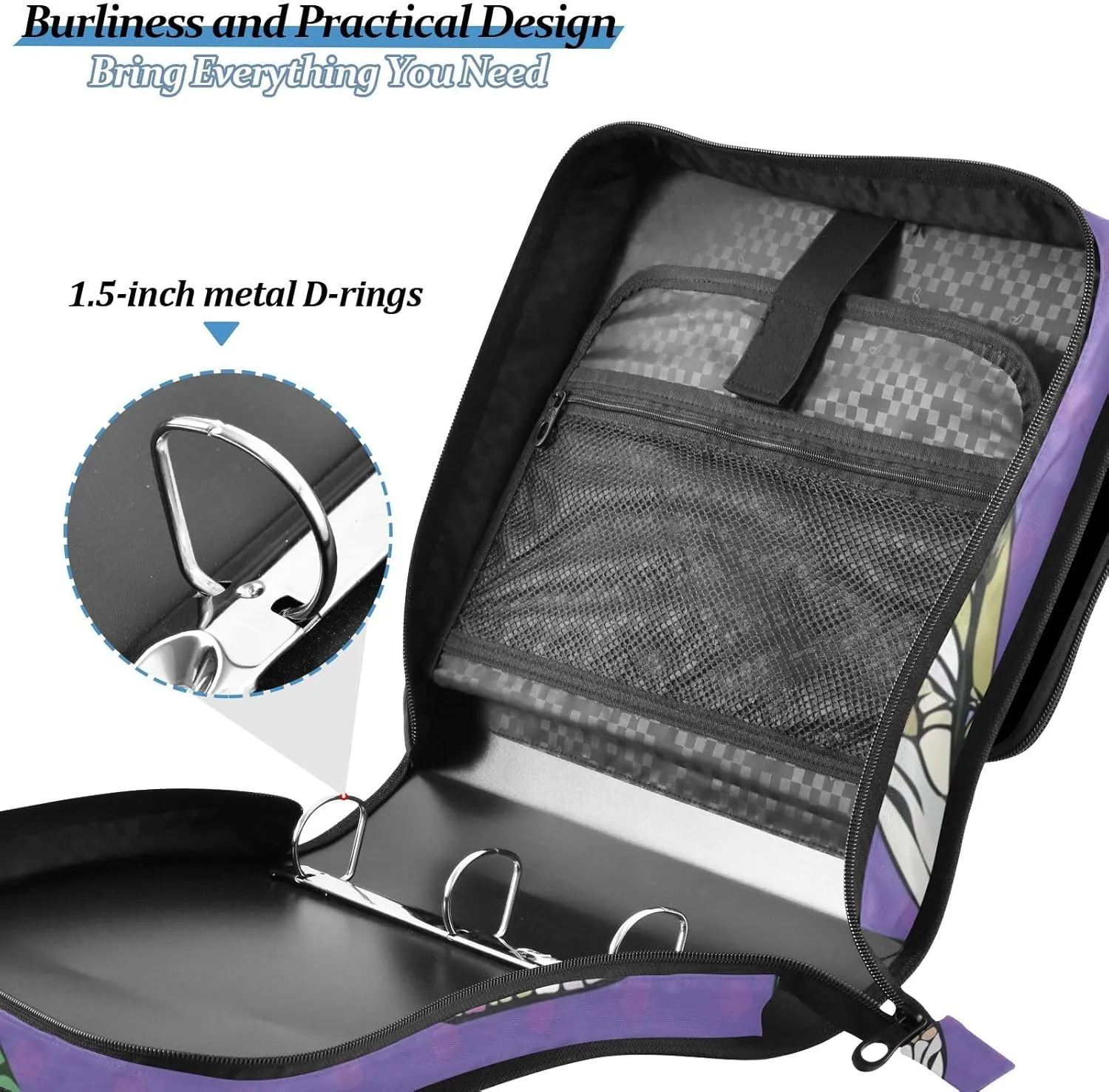 VKPSCHJ Zippered Binder Bag with Multi-Pocket,Waterproof 1.5 Inch 3 Ring Binder,Hand-Drawn Dragonflies Expanding File Folder with Shoulder Strap and Handle File Organizer for Office Travel