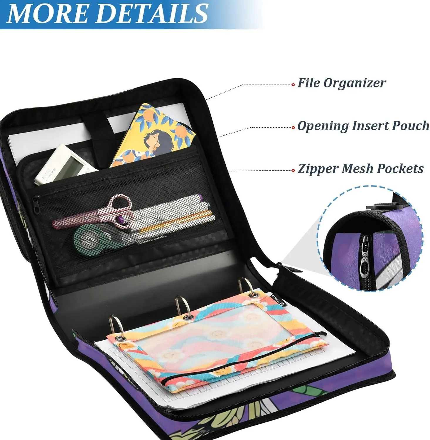 VKPSCHJ Zippered Binder Bag with Multi-Pocket,Waterproof 1.5 Inch 3 Ring Binder,Hand-Drawn Dragonflies Expanding File Folder with Shoulder Strap and Handle File Organizer for Office Travel