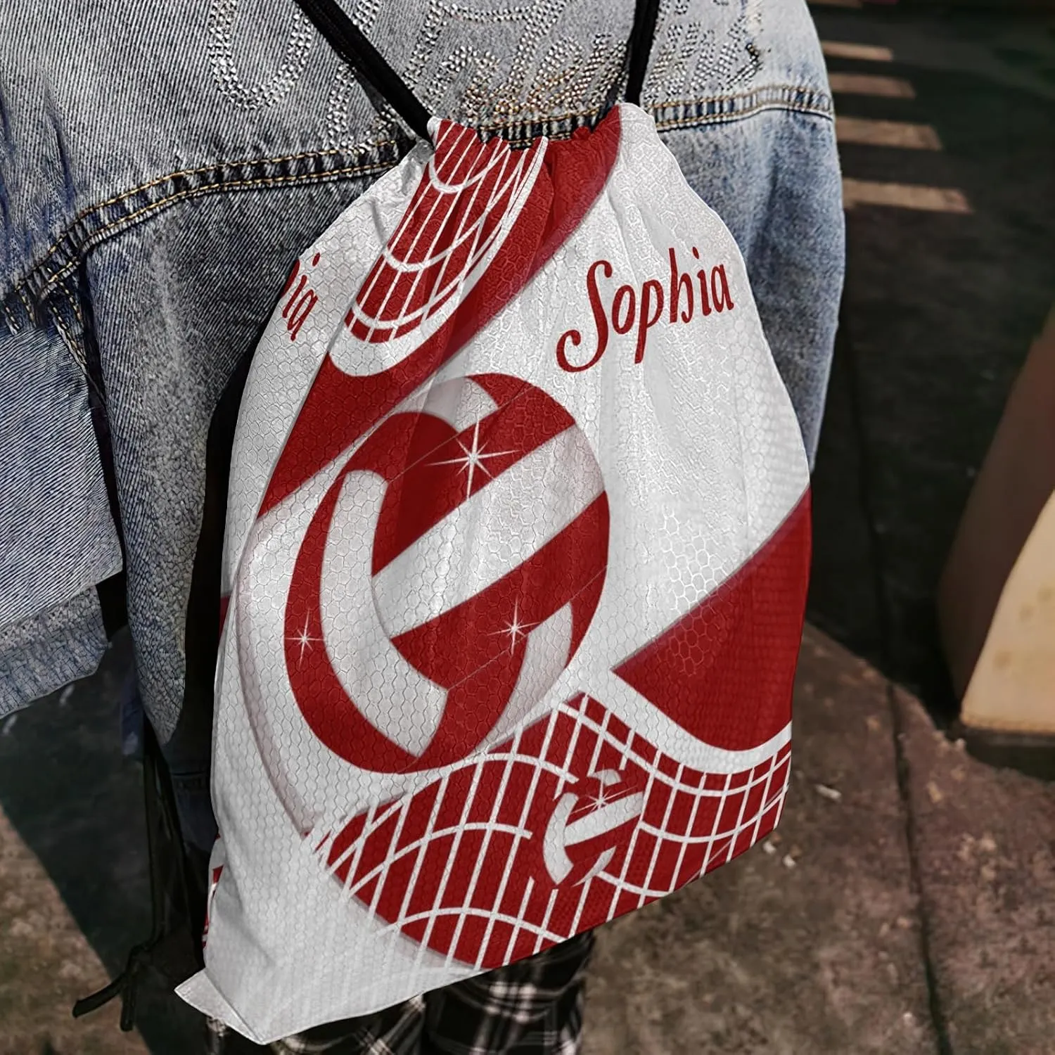 Volleyball Red Drawstring Backpack for Women Men Gym String Bag Sackpack Competition Bag Sport Cinch Sack with Name