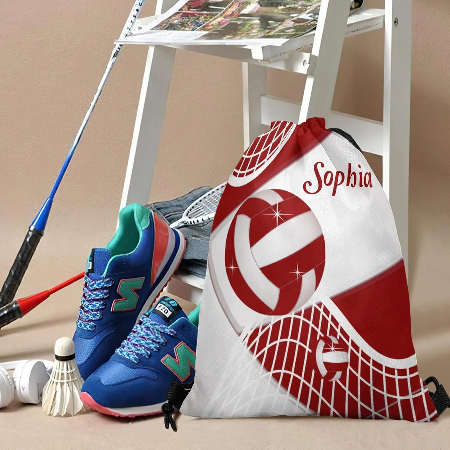 Volleyball Red Drawstring Backpack for Women Men Gym String Bag Sackpack Competition Bag Sport Cinch Sack with Name