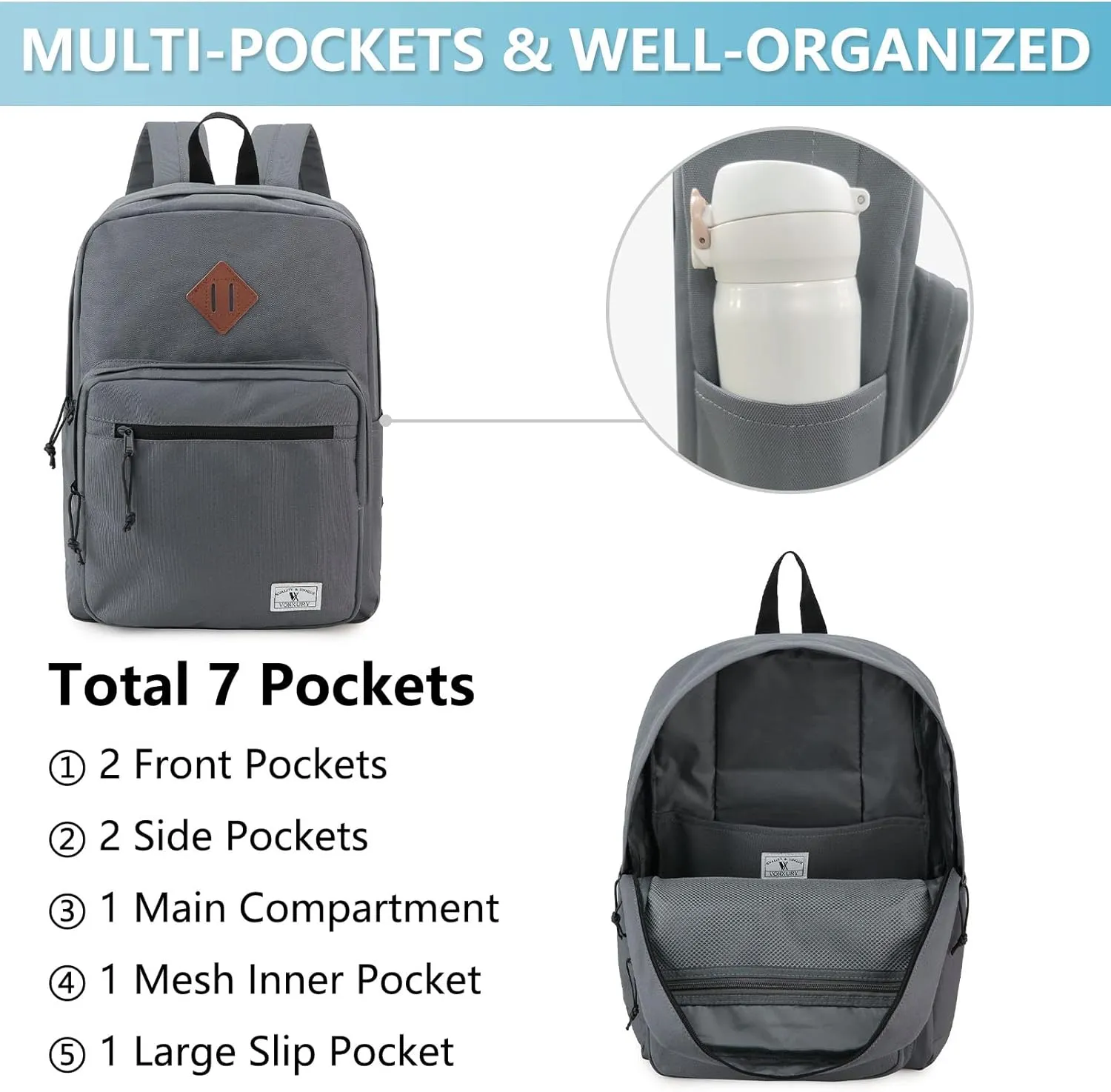 VX VONXURY School Backpack for Men Women,Lightweight Classic Basic Bookbag Simple Kids Black Backpack for College Travel