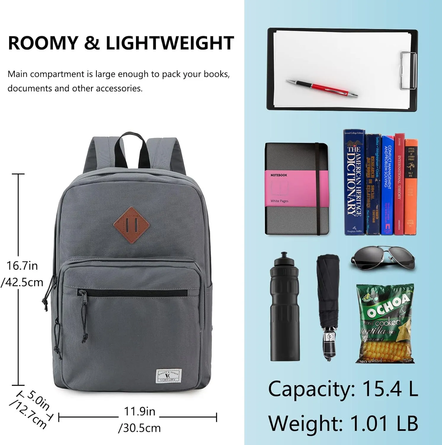 VX VONXURY School Backpack for Men Women,Lightweight Classic Basic Bookbag Simple Kids Black Backpack for College Travel