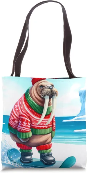 Walrus Balancing On Snowboard. Snowboarding Snowboarder Snow Tote Bag