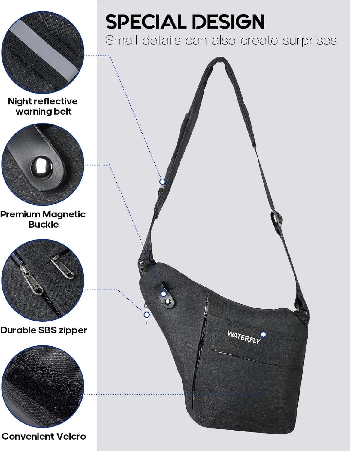 WATERFLY Sling Crossbody Chest Bag: Slim Anti-Theft Cross Body Bag Over Shoulder Backpack Stealth Side Pack Man Woman