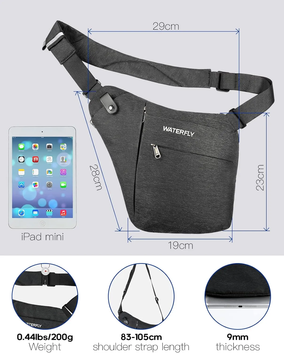 WATERFLY Sling Crossbody Chest Bag: Slim Anti-Theft Cross Body Bag Over Shoulder Backpack Stealth Side Pack Man Woman