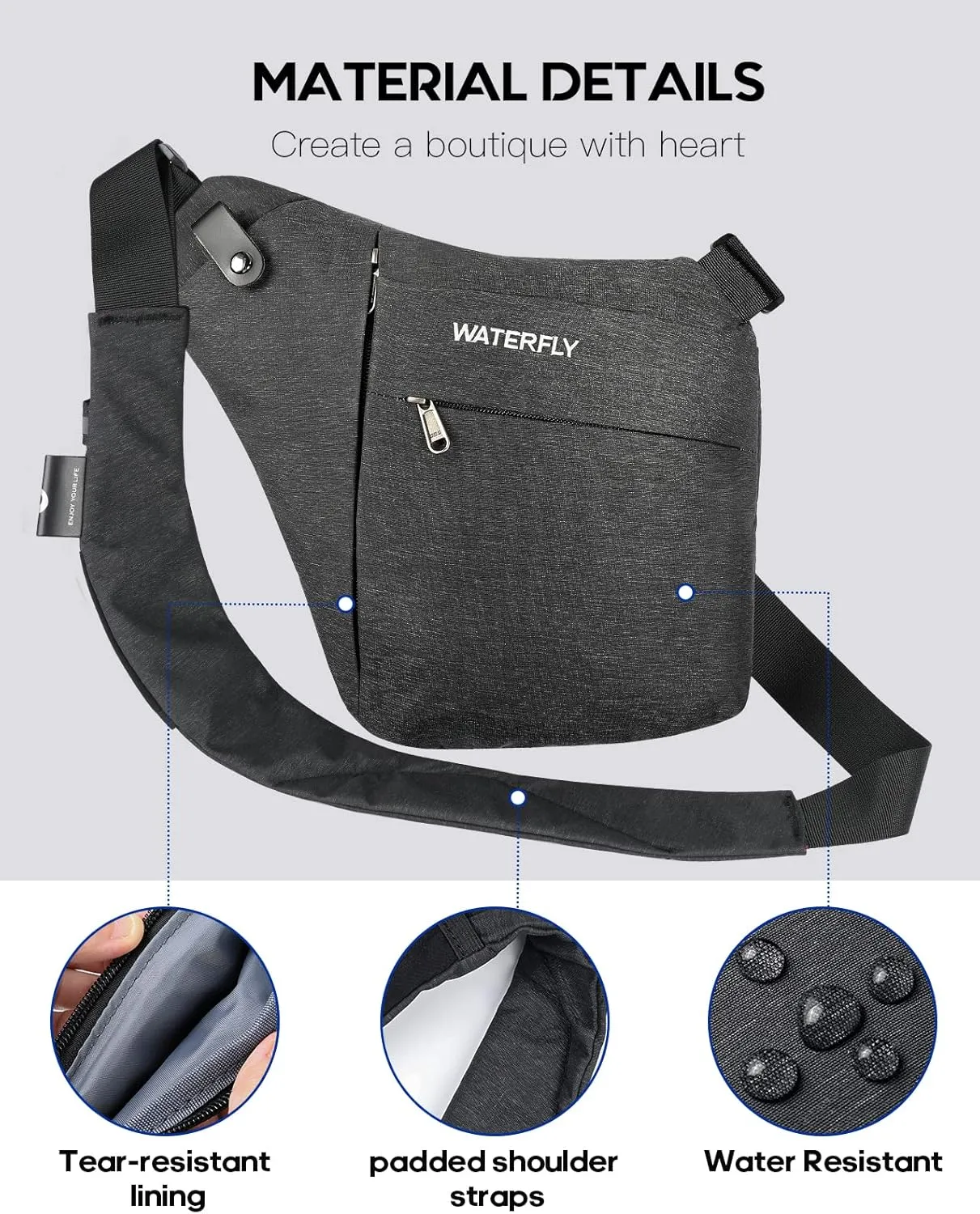 WATERFLY Sling Crossbody Chest Bag: Slim Anti-Theft Cross Body Bag Over Shoulder Backpack Stealth Side Pack Man Woman