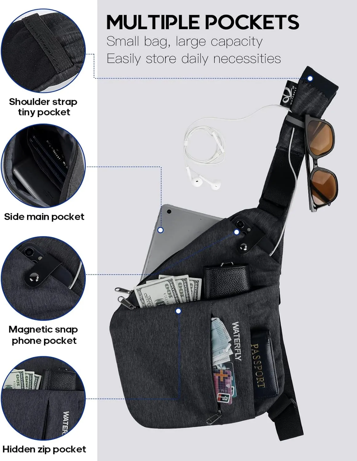 WATERFLY Sling Crossbody Chest Bag: Slim Anti-Theft Cross Body Bag Over Shoulder Backpack Stealth Side Pack Man Woman