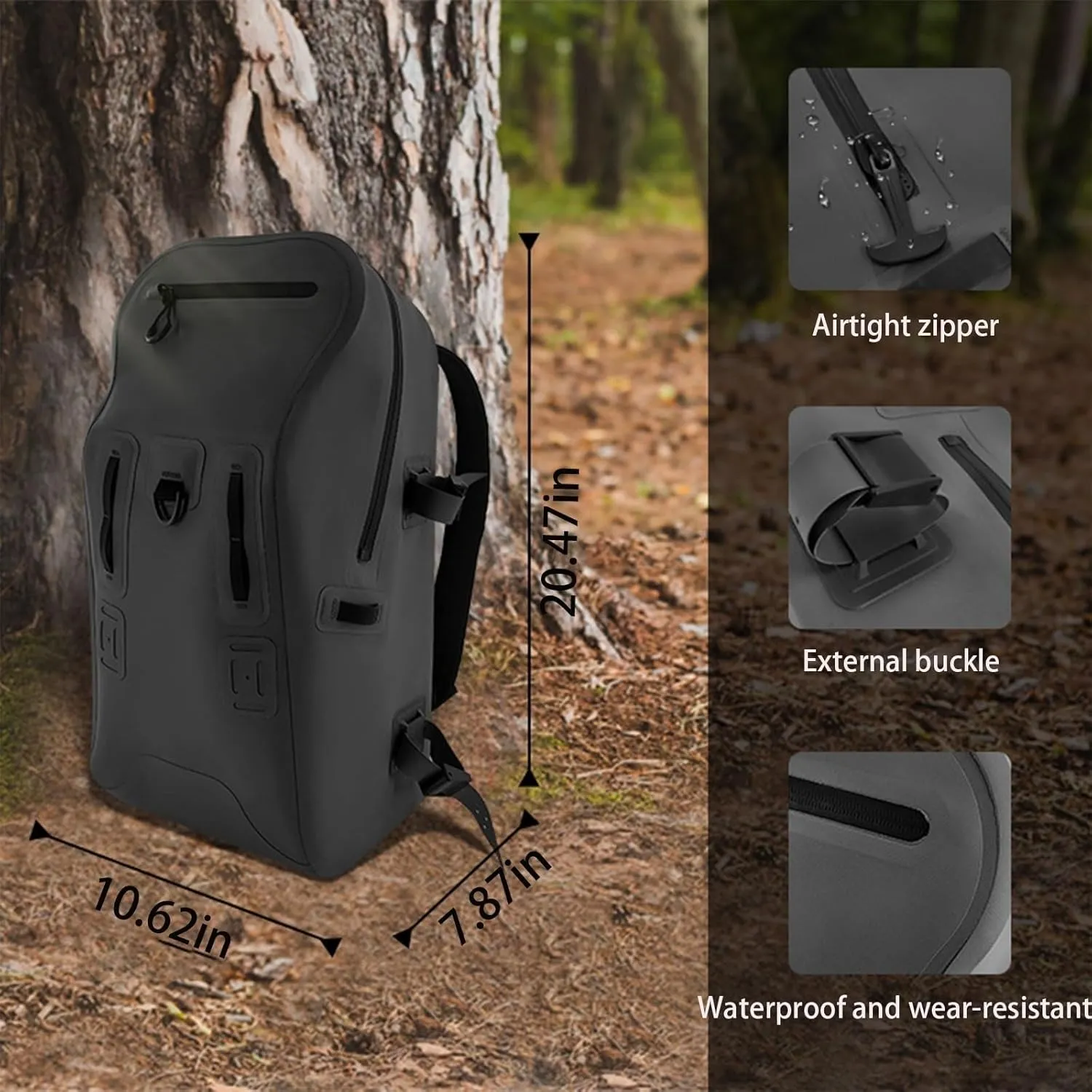 Waterproof Hiking Backpack, TPU Material, Airtight Zipper System, External Buckles(Black)