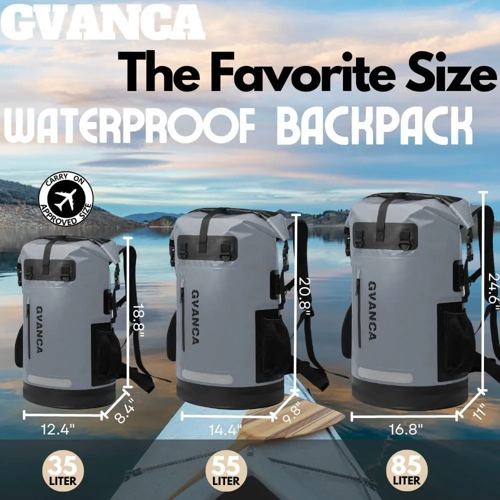 Waterproof Roll Top Kayak Dry Backpack, Floating Outdoor Dry Sack Boating Sailing Canoeing Rafting Fishing Camping 55L Grey