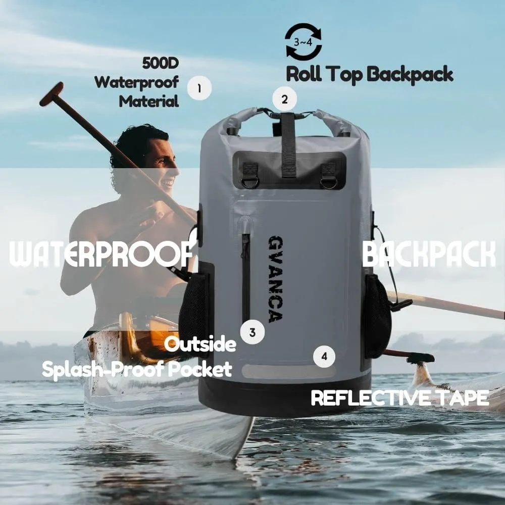 Waterproof Roll Top Kayak Dry Backpack, Floating Outdoor Dry Sack Boating Sailing Canoeing Rafting Fishing Camping 55L Grey