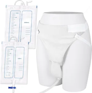 Wearable Urine Collector with 1000ml & 2000ml Urine Collection Bags 1.2M Catheter and Dual Capacity Bags, Includes Breathable Cotton Pants Leak Proof Anti Reflux for Men White