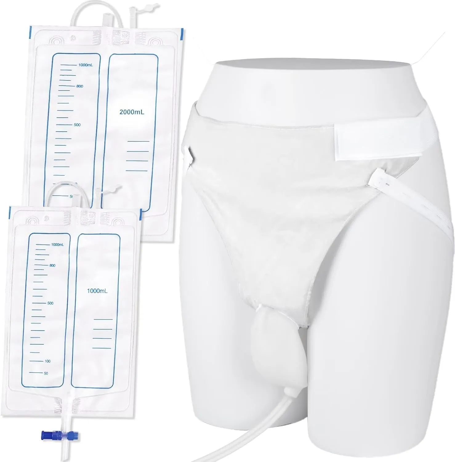Wearable Urine Collector with 1000ml & 2000ml Urine Collection Bags 1.2M Catheter and Dual Capacity Bags, Includes Breathable Cotton Pants Leak Proof Anti Reflux for Men White