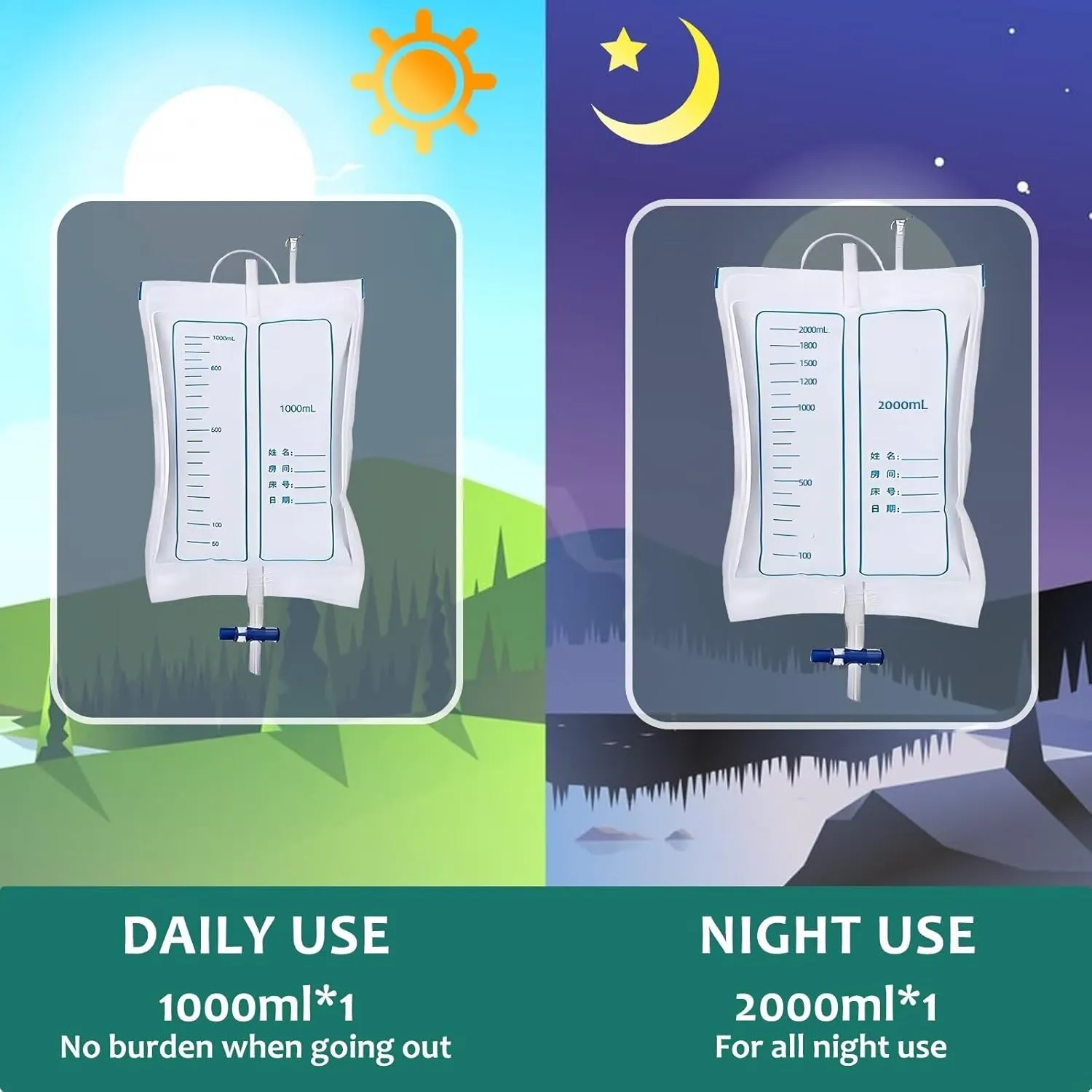 Wearable Urine Collector with 1000ml & 2000ml Urine Collection Bags 1.2M Catheter and Dual Capacity Bags, Includes Breathable Cotton Pants Leak Proof Anti Reflux for Men White