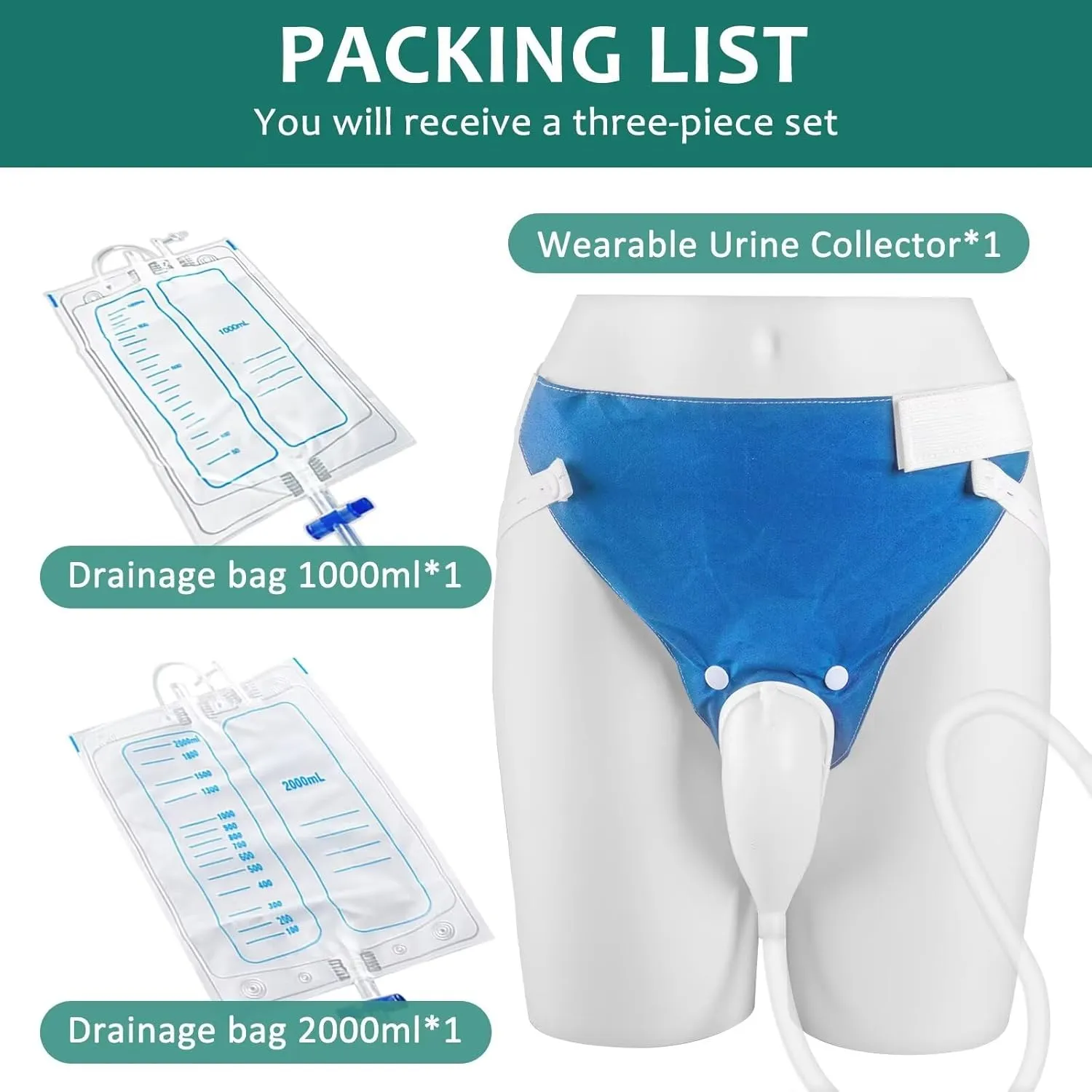 Wearable Urine Collector with 1000ml & 2000ml Urine Collection Bags 1.2M Catheter and Dual Capacity Bags, Includes Breathable Cotton Pants Leak Proof Anti Reflux for Men White