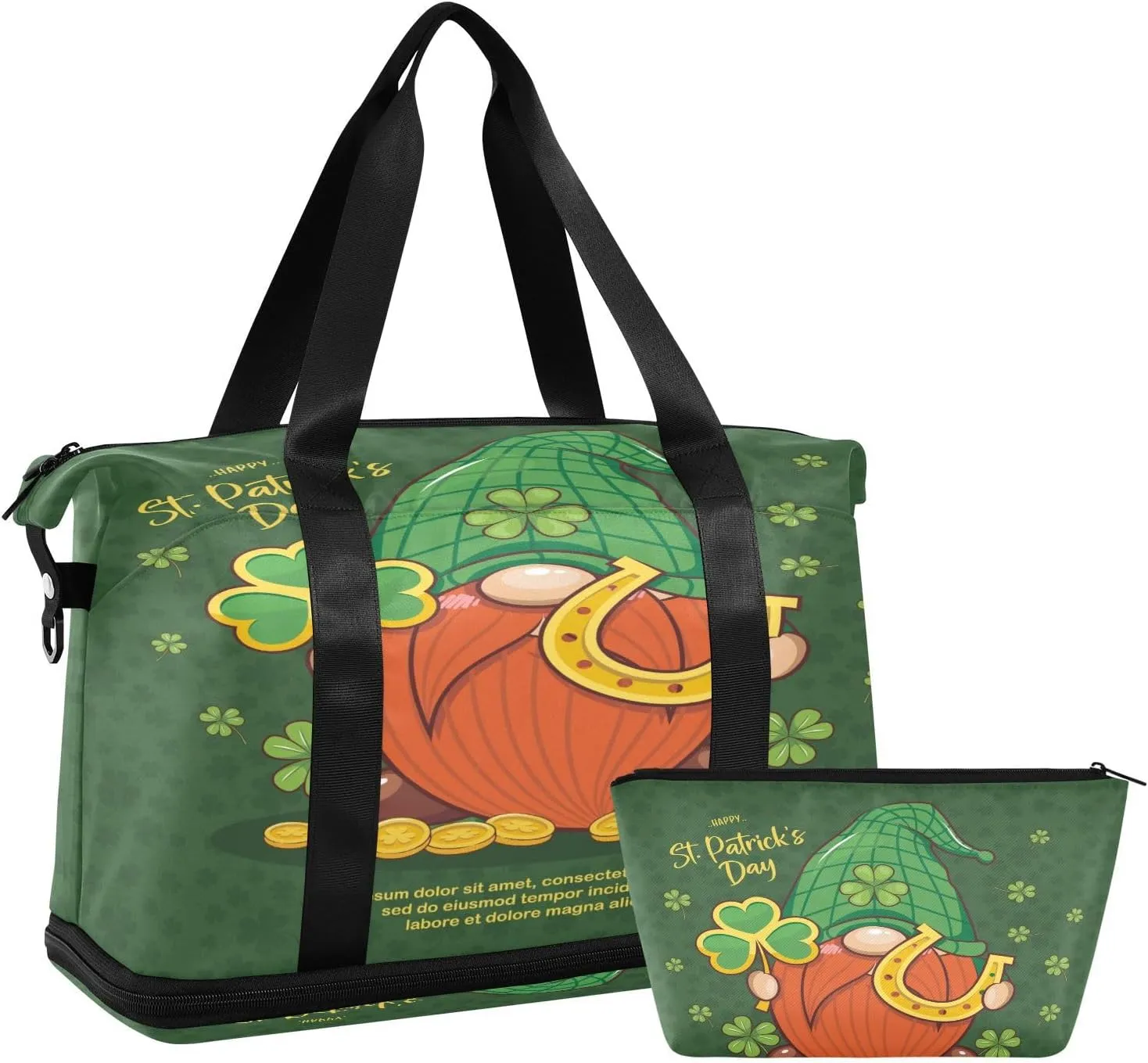 Weekender Overnight Bags for Women Happy Saint Patrick's Day Travel Duffel Bag with Shoe Compartments Cute Gnome Gym Duffel Bag with Toiletry Bag for Travel Sport Yoga 17 Inch