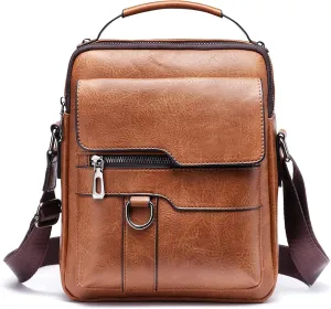 WEIXIER Small Shoulder Bag for Men Leather Crossbody Man Purse Handbag Satchel Messenger Travel Bags for iPad 9.7" Work Office Business Brown