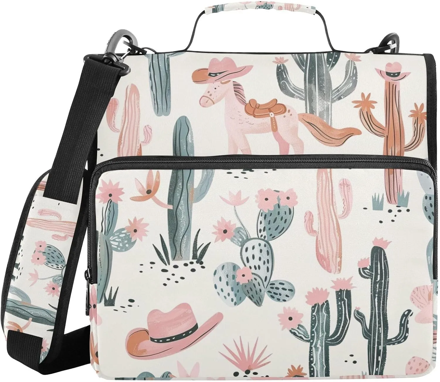 Western Cactus Pastel Pink Hat Zipper Binder with Shoulder Strap Trapper Keeper 3 Ring Binder Organizer Large Capacity Multiple Compartments for School Office