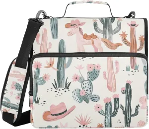 Western Cactus Pastel Pink Hat Zipper Binder with Shoulder Strap Trapper Keeper 3 Ring Binder Organizer Large Capacity Multiple Compartments for School Office