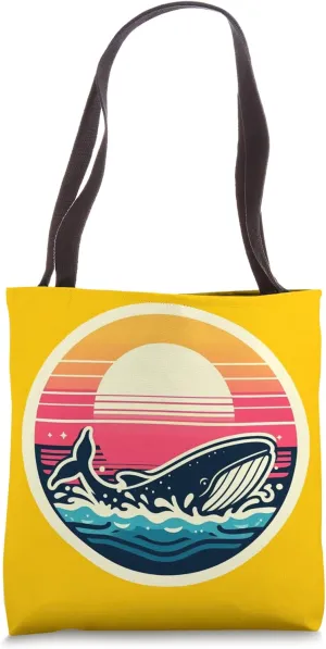 Whale Sunset Graphic 80s-Inspired Retro Ocean Design Tote Bag