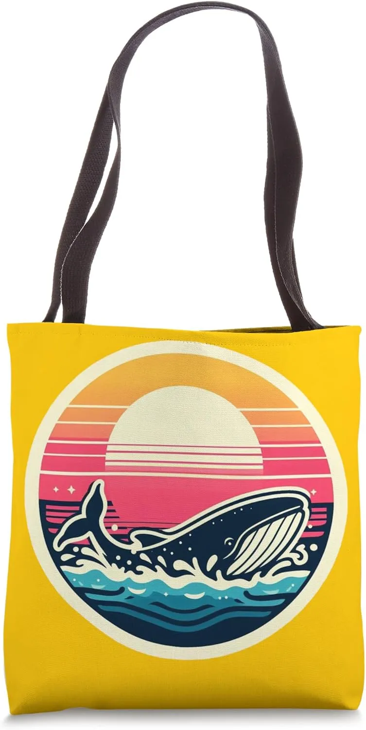 Whale Sunset Graphic 80s-Inspired Retro Ocean Design Tote Bag