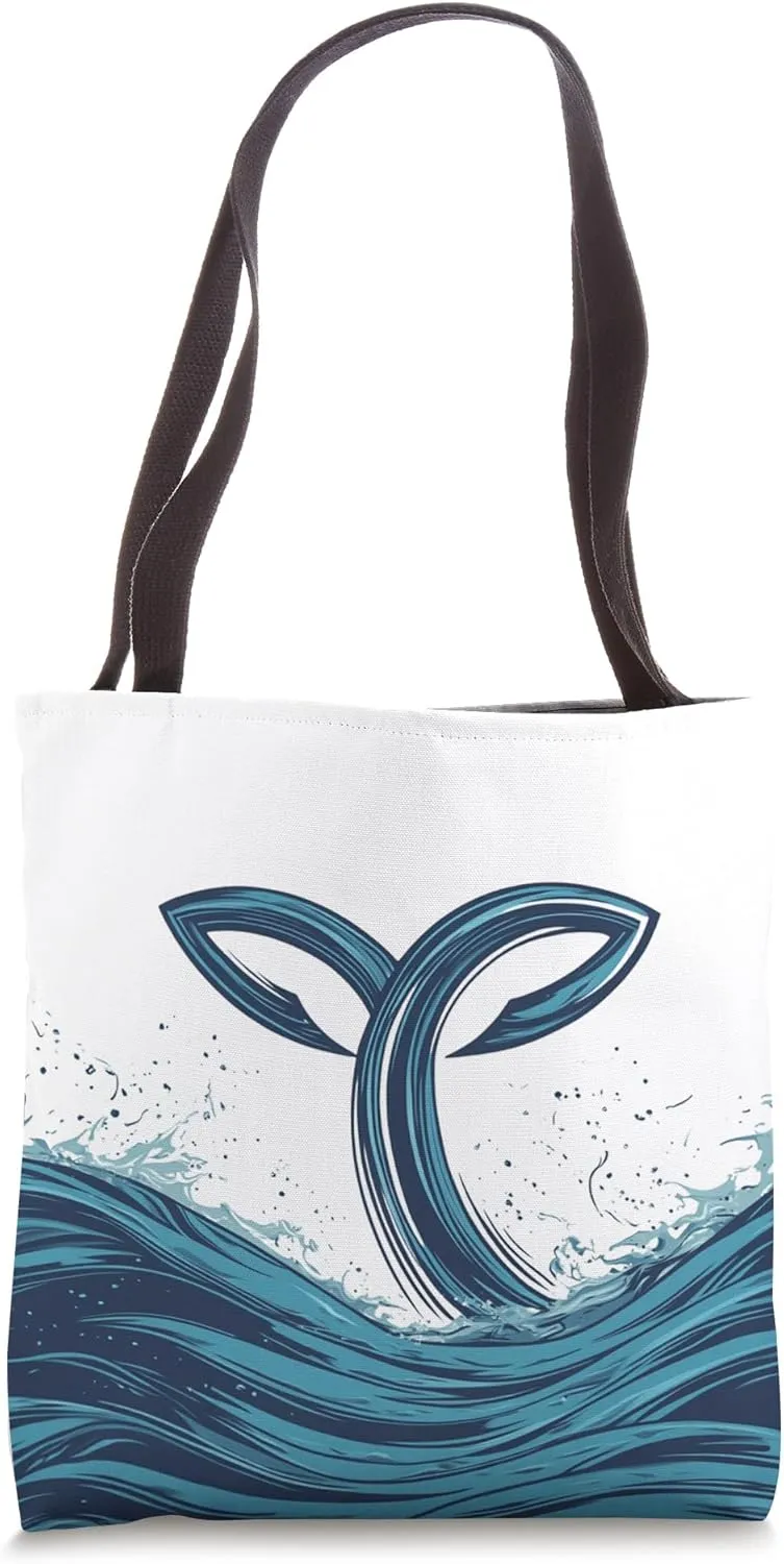 Whale Tail Emerges From Stylized Waves Tote Bag
