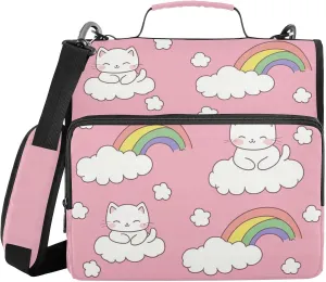 White Cats Clouds Rainbow Pink Zipper Binder with Shoulder Strap Trapper Keeper 3 Ring Binder Organizer Large Capacity Multiple Compartments for School Office