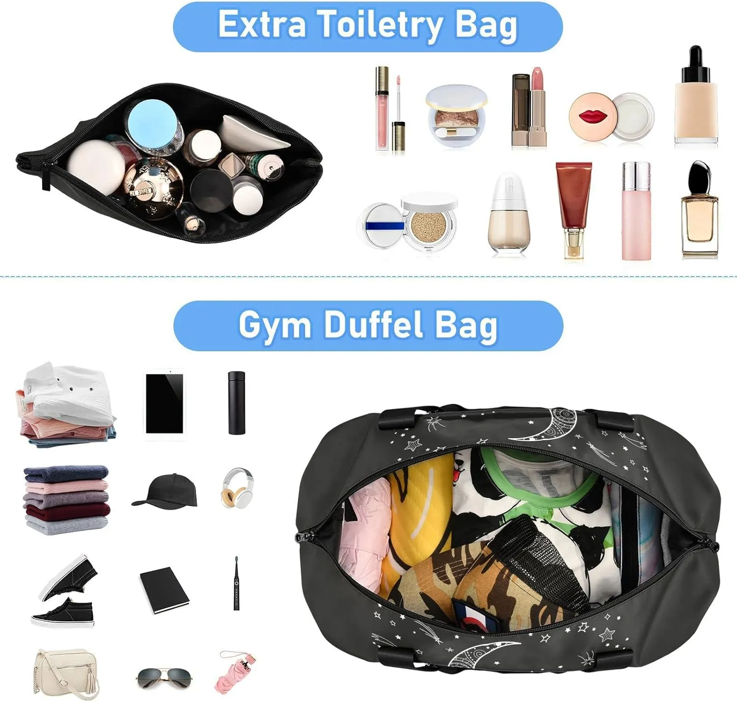 White Dreamcatcher with Feathers and Stars on Black Dark Gym Duffel Bag, Polyester Travel Weekender Luggage Handbag with Waterproof Pocket for Wet Items, Unisex Foldable Tote for Sports