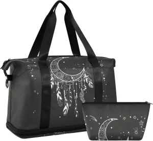 White Dreamcatcher with Feathers and Stars on Black Dark Gym Duffel Bag, Polyester Travel Weekender Luggage Handbag with Waterproof Pocket for Wet Items, Unisex Foldable Tote for Sports