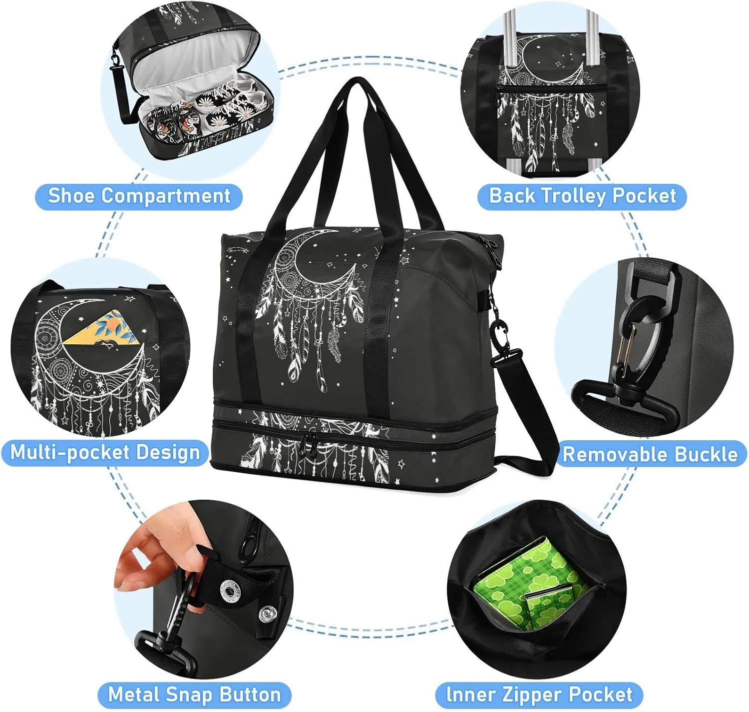 White Dreamcatcher with Feathers and Stars on Black Dark Gym Duffel Bag, Polyester Travel Weekender Luggage Handbag with Waterproof Pocket for Wet Items, Unisex Foldable Tote for Sports