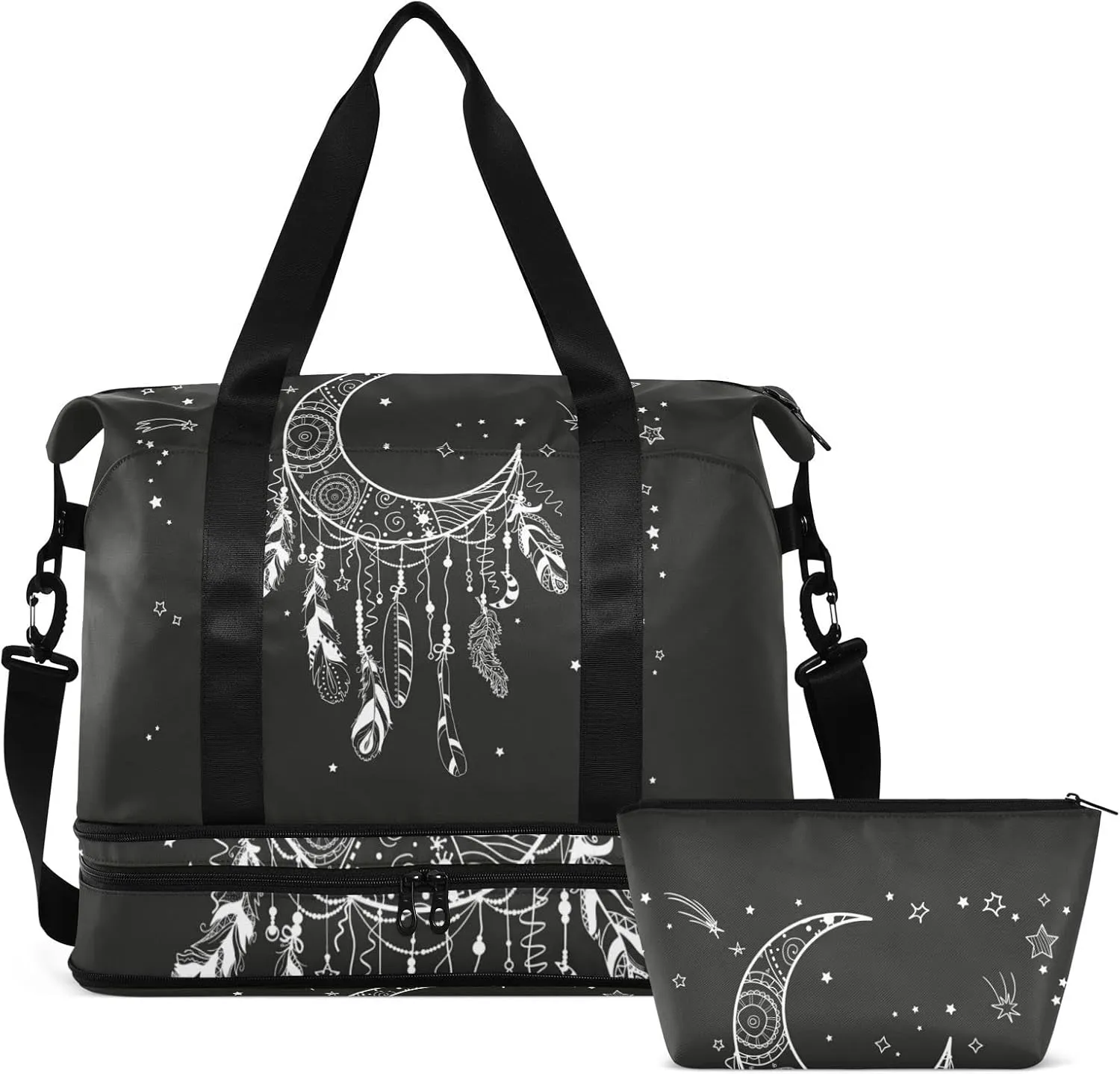 White Dreamcatcher with Feathers and Stars on Black Dark Gym Duffel Bag, Polyester Travel Weekender Luggage Handbag with Waterproof Pocket for Wet Items, Unisex Foldable Tote for Sports