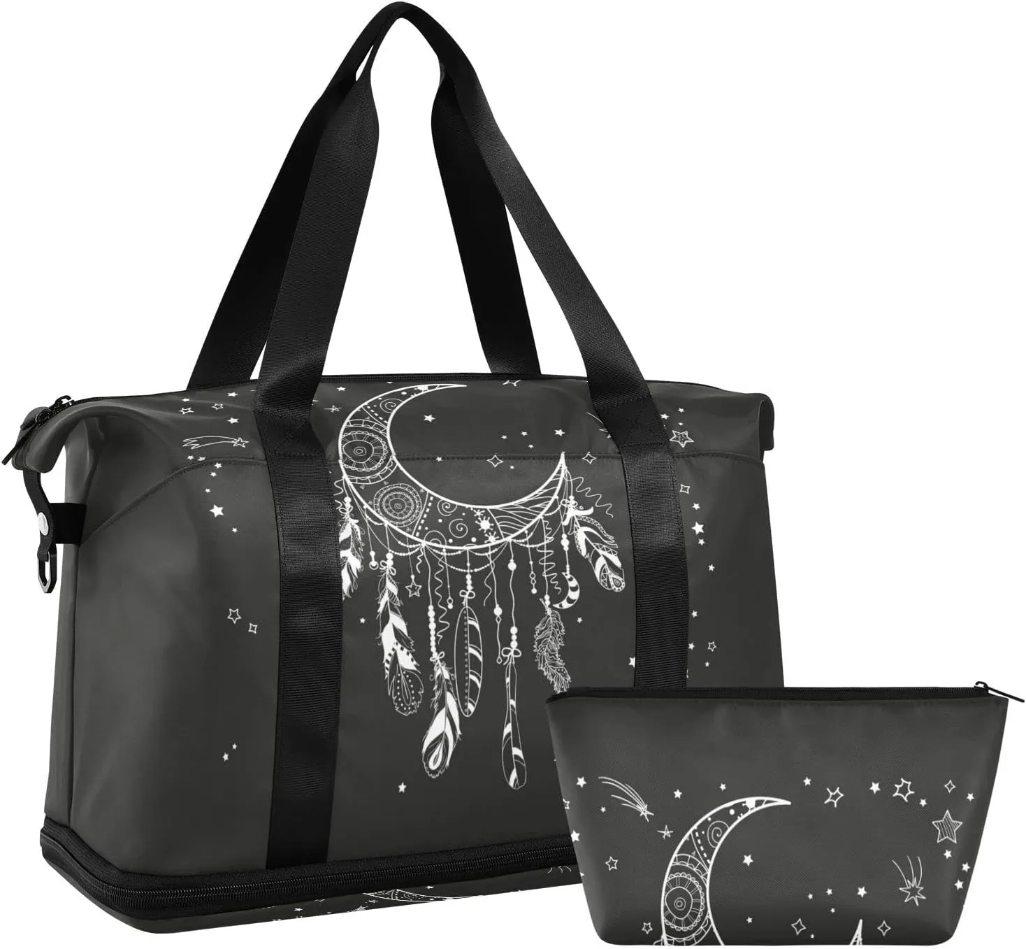 White Dreamcatcher with Feathers and Stars on Black Dark Gym Duffel Bag, Polyester Travel Weekender Luggage Handbag with Waterproof Pocket for Wet Items, Unisex Foldable Tote for Sports