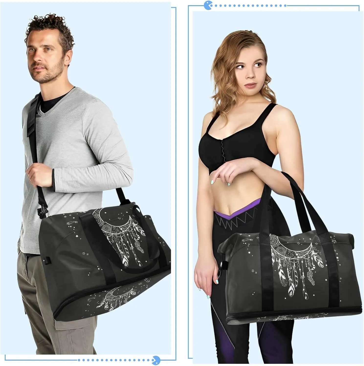 White Dreamcatcher with Feathers and Stars on Black Dark Gym Duffel Bag, Polyester Travel Weekender Luggage Handbag with Waterproof Pocket for Wet Items, Unisex Foldable Tote for Sports