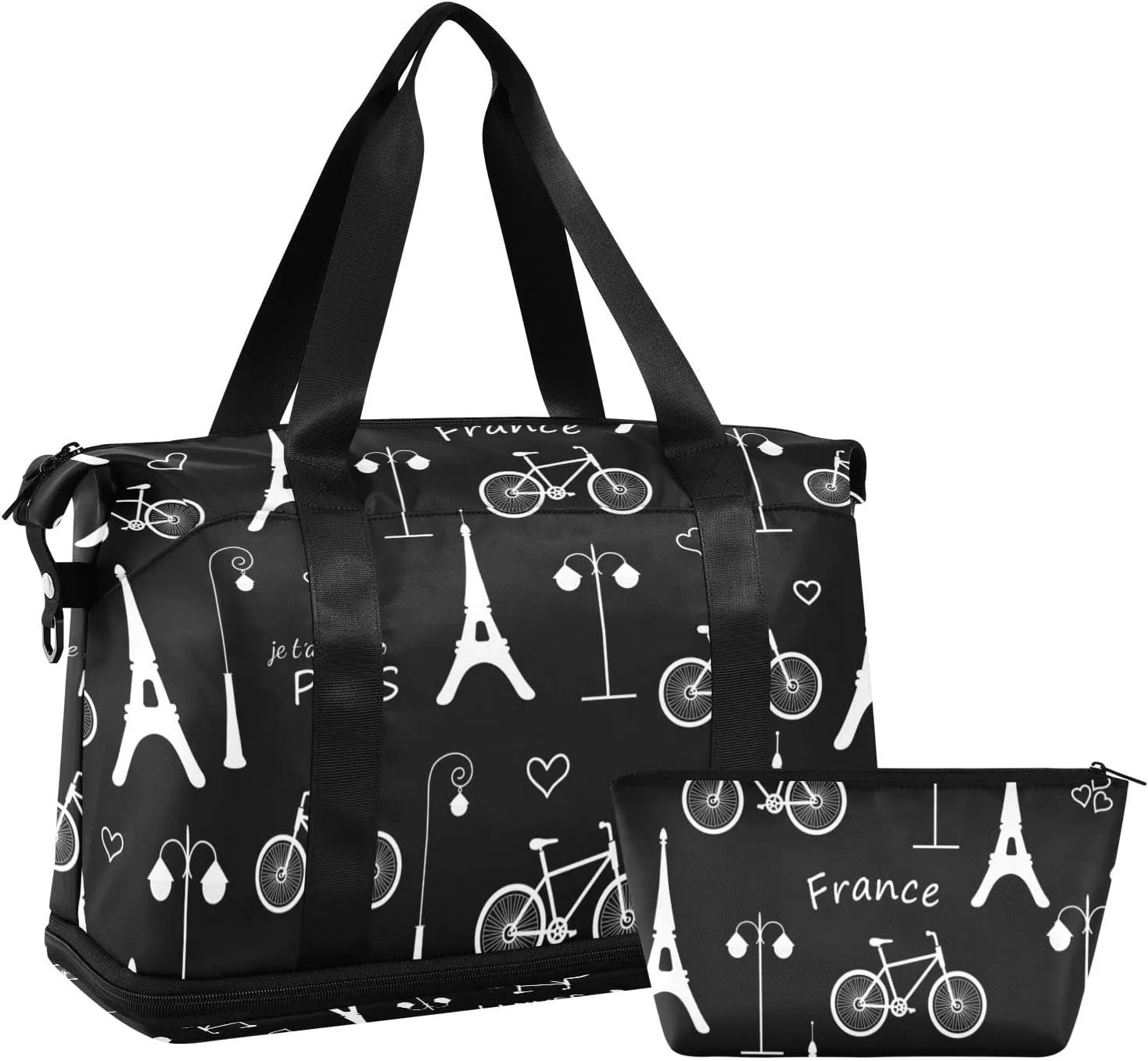 White Eiffel Tower Bicycle Paris France on Dark Black Gym Duffel Bag, Polyester Travel Weekender Luggage Handbag with Waterproof Pocket for Wet Items, Unisex Foldable Tote for Sports