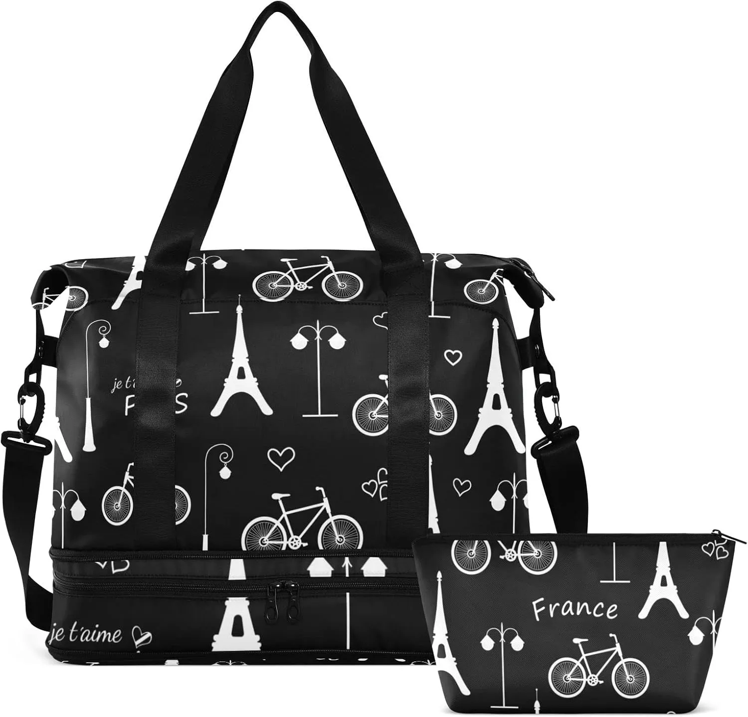 White Eiffel Tower Bicycle Paris France on Dark Black Gym Duffel Bag, Polyester Travel Weekender Luggage Handbag with Waterproof Pocket for Wet Items, Unisex Foldable Tote for Sports