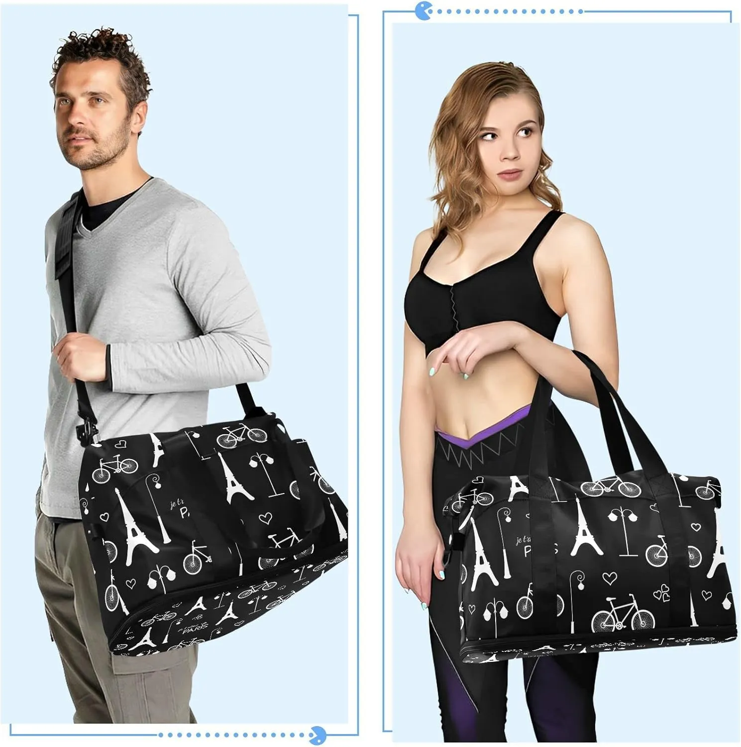 White Eiffel Tower Bicycle Paris France on Dark Black Gym Duffel Bag, Polyester Travel Weekender Luggage Handbag with Waterproof Pocket for Wet Items, Unisex Foldable Tote for Sports