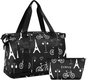 White Eiffel Tower Bicycle Paris France on Dark Black Gym Duffel Bag, Polyester Travel Weekender Luggage Handbag with Waterproof Pocket for Wet Items, Unisex Foldable Tote for Sports