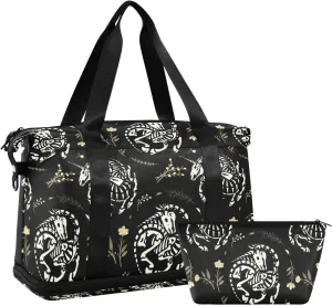 White Skeletons of Unicorns among Floral Wreaths Garlands on Dark Gym Duffel Bag, Polyester Travel Weekender Luggage Handbag with Waterproof Pocket for Wet Items, Unisex Foldable Tote for Sports