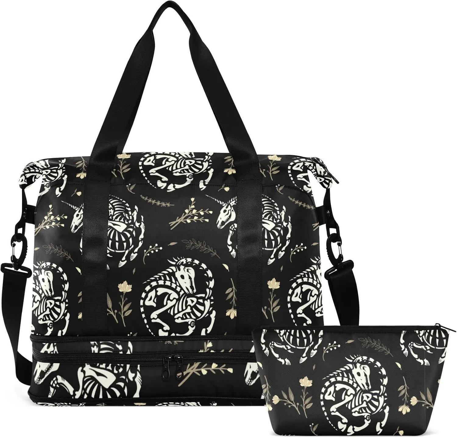 White Skeletons of Unicorns among Floral Wreaths Garlands on Dark Gym Duffel Bag, Polyester Travel Weekender Luggage Handbag with Waterproof Pocket for Wet Items, Unisex Foldable Tote for Sports