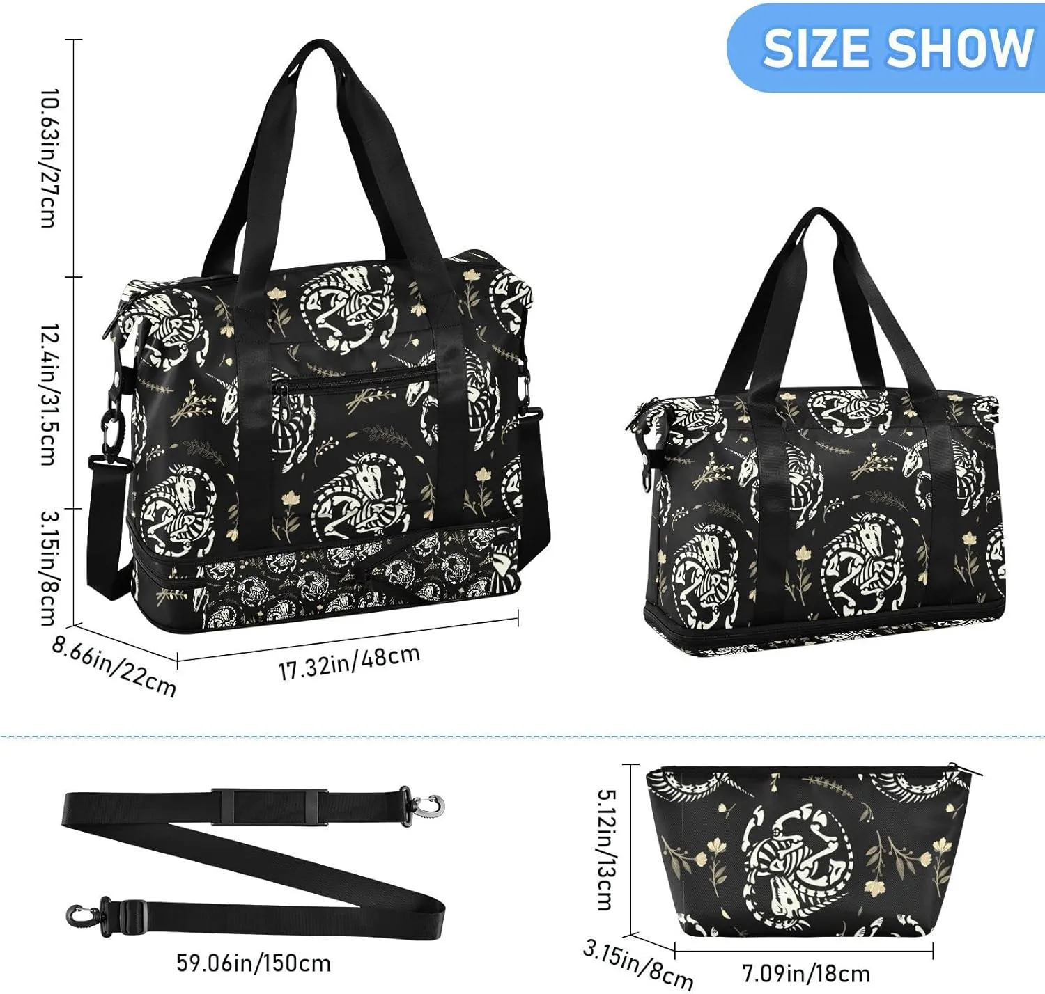 White Skeletons of Unicorns among Floral Wreaths Garlands on Dark Gym Duffel Bag, Polyester Travel Weekender Luggage Handbag with Waterproof Pocket for Wet Items, Unisex Foldable Tote for Sports