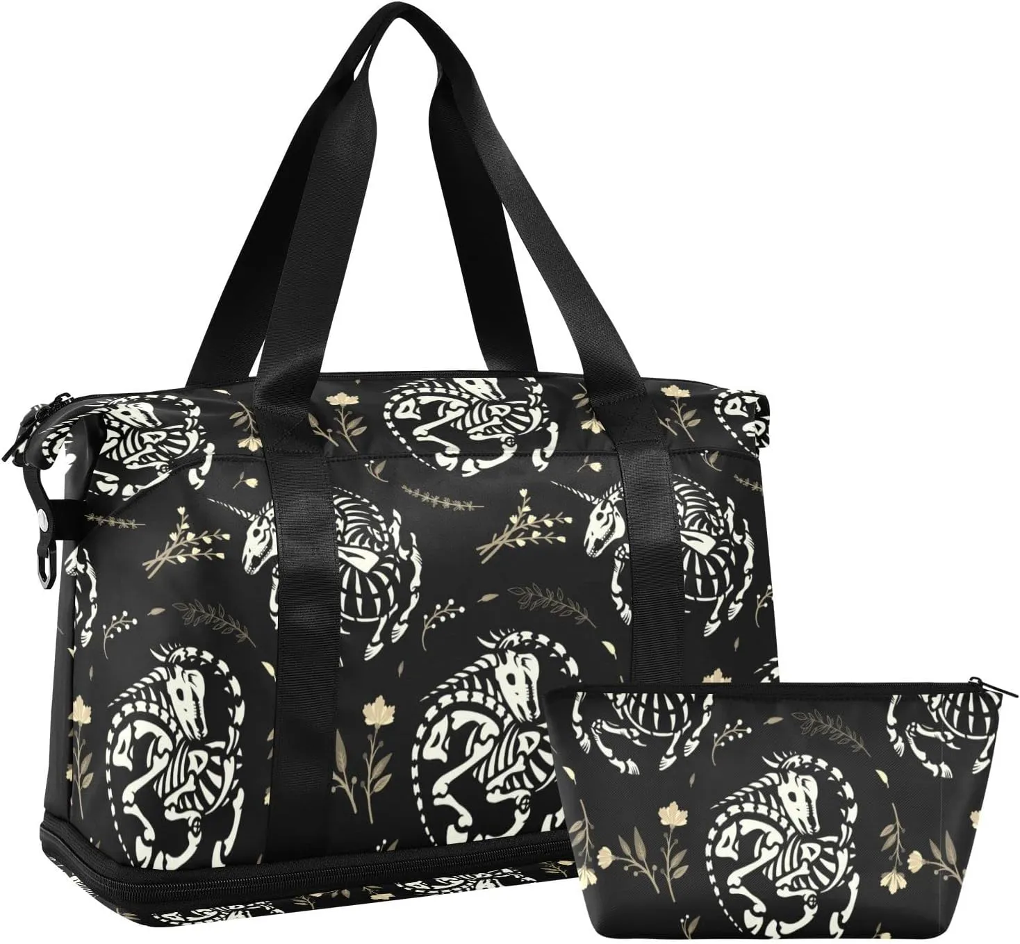 White Skeletons of Unicorns among Floral Wreaths Garlands on Dark Gym Duffel Bag, Polyester Travel Weekender Luggage Handbag with Waterproof Pocket for Wet Items, Unisex Foldable Tote for Sports