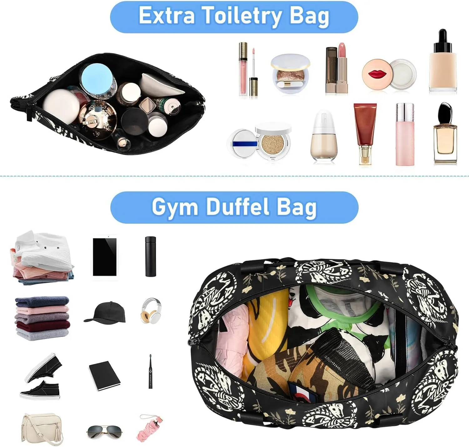 White Skeletons of Unicorns among Floral Wreaths Garlands on Dark Gym Duffel Bag, Polyester Travel Weekender Luggage Handbag with Waterproof Pocket for Wet Items, Unisex Foldable Tote for Sports