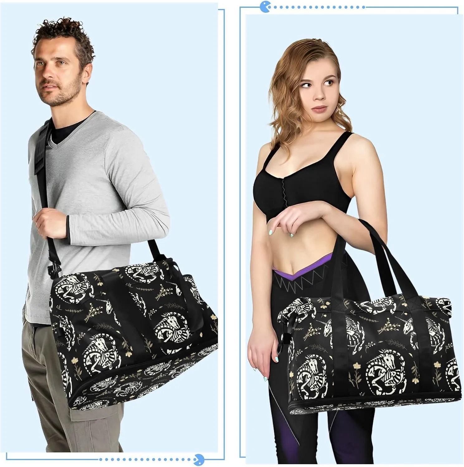 White Skeletons of Unicorns among Floral Wreaths Garlands on Dark Gym Duffel Bag, Polyester Travel Weekender Luggage Handbag with Waterproof Pocket for Wet Items, Unisex Foldable Tote for Sports
