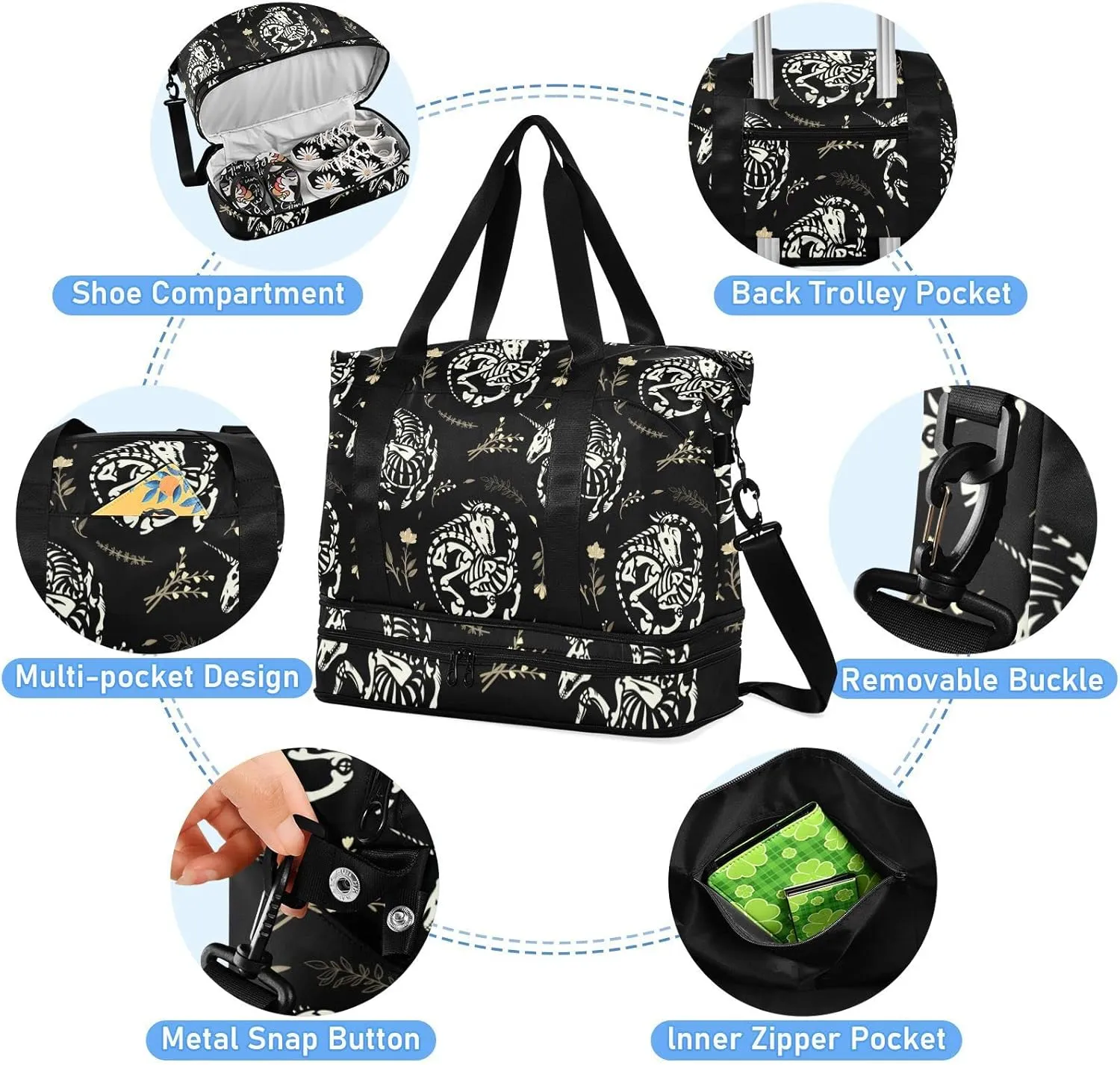 White Skeletons of Unicorns among Floral Wreaths Garlands on Dark Gym Duffel Bag, Polyester Travel Weekender Luggage Handbag with Waterproof Pocket for Wet Items, Unisex Foldable Tote for Sports