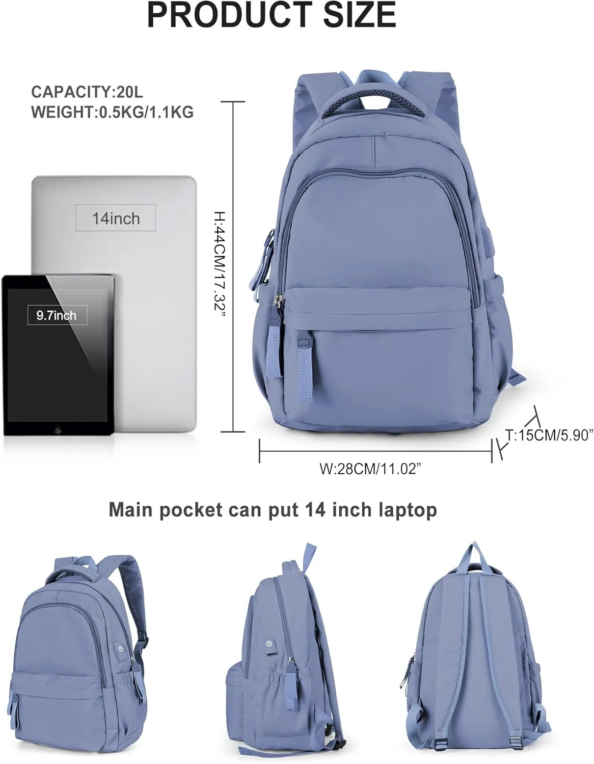winspansy Simple Cute Backpack for Women Men Waterproof College Bag fit 14 Inch Laptop with USB Charging Port,Violet