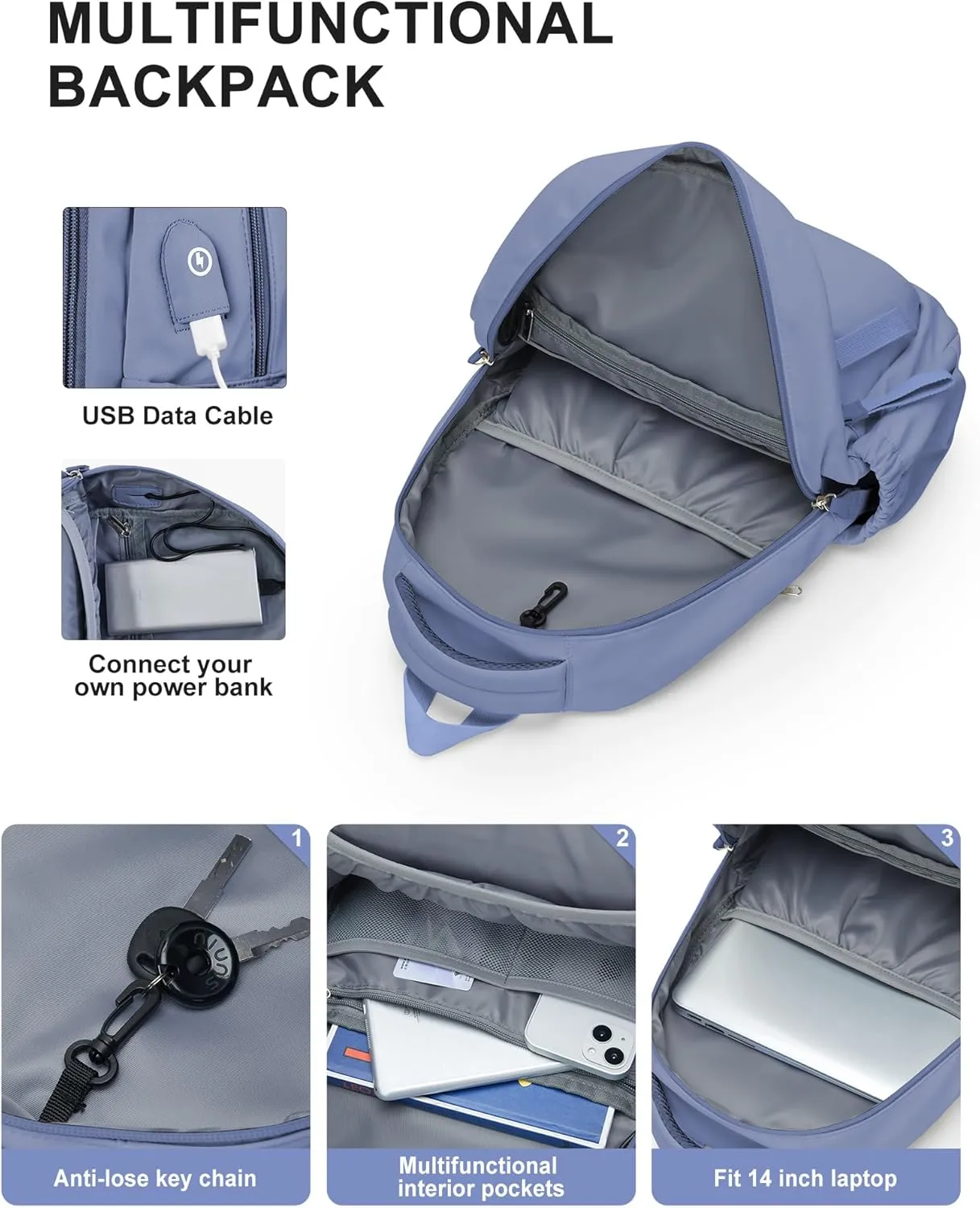 winspansy Simple Cute Backpack for Women Men Waterproof College Bag fit 14 Inch Laptop with USB Charging Port,Violet