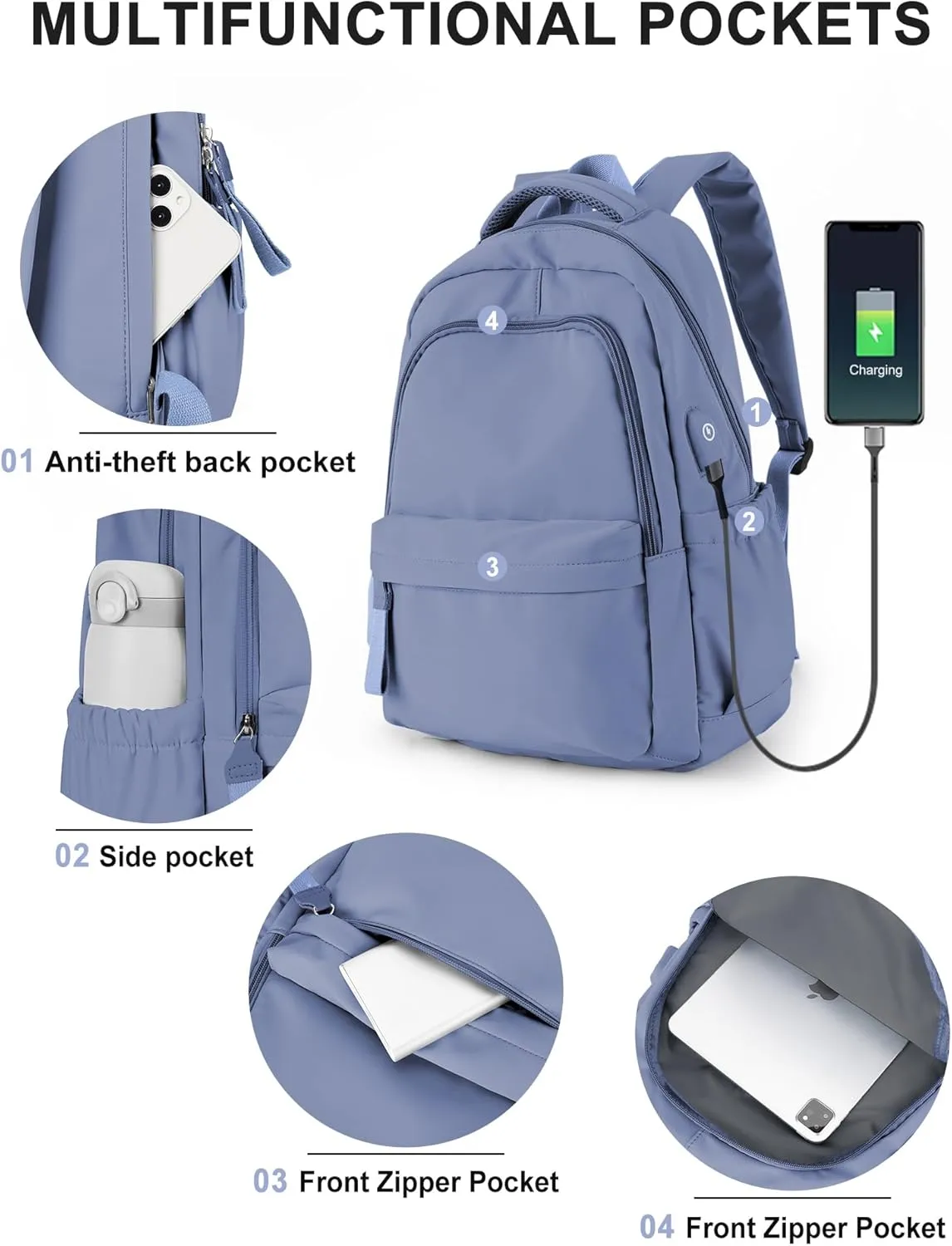 winspansy Simple Cute Backpack for Women Men Waterproof College Bag fit 14 Inch Laptop with USB Charging Port,Violet