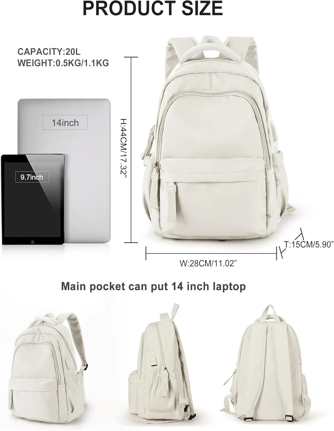 winspansy Small Backpack For School Girls Boys Aesthetic Lightweight Travel Daypack Simple Cute Backpack For Women Men College High School Bookbag Fit 14 Inch Laptop With USB charging port,Beige